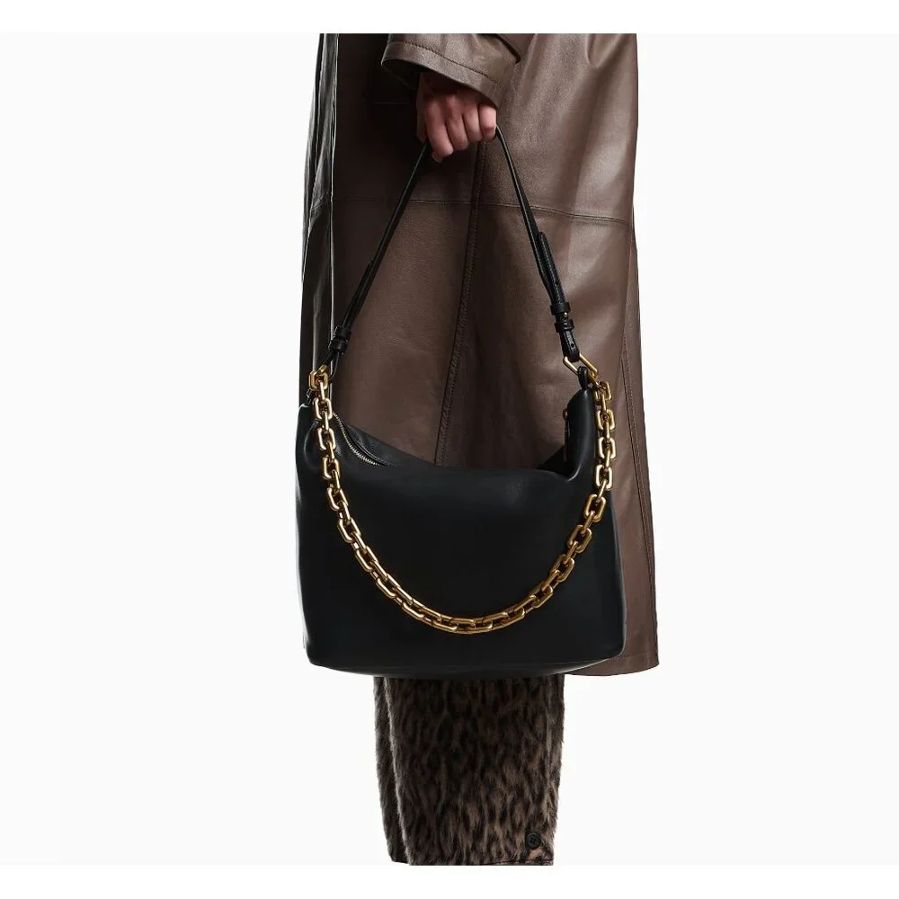 EMPORIO ARMANI Black Medium leather hobo bag Chain NEW $748